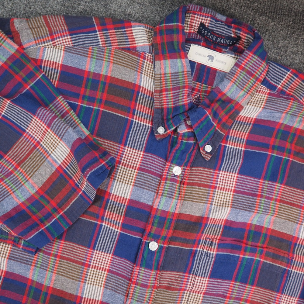 Onward Reserve Shirt Mens XL Madras Blue Red Plaid Short Sleeve Preppy Button Up